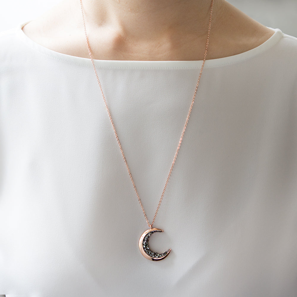 Crescent Moon and Black CZ Necklace