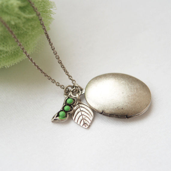 Antique style Oval Locket Necklace with peapod and leaf