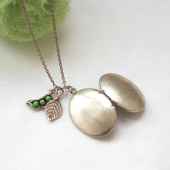 Antique style Oval Locket Necklace with peapod and leaf