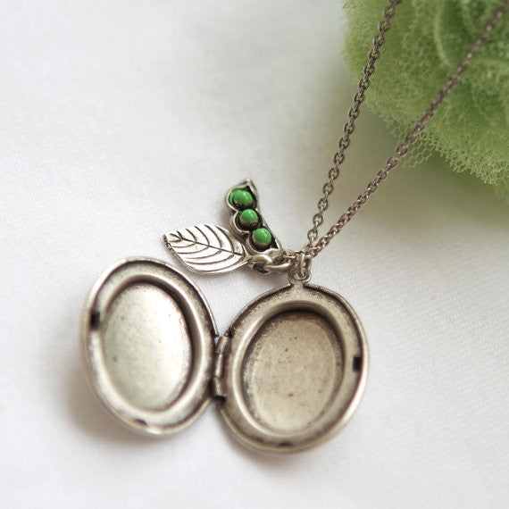Antique style Oval Locket Necklace with peapod and leaf