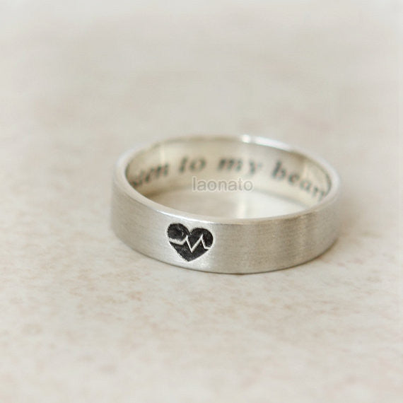 Personalized Heartbeat band Ring in sterling silver / initials, date, words
