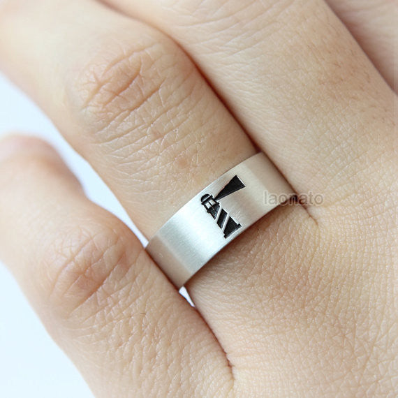 Personalized Horizontal Lighthouse Ring in 925 sterling silver/7 mm band ring, initials, date, words