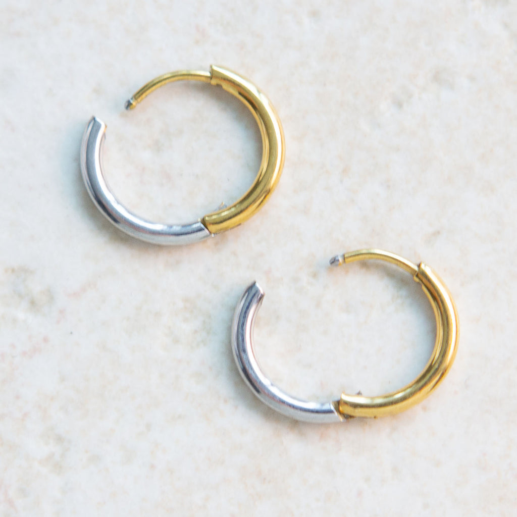 Simple 2 tone Hoop Huggie Stainless Steel Earrings
