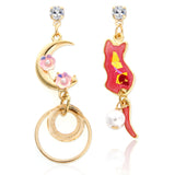 Pink Cat and Crescent Moon Mismatched Earrings