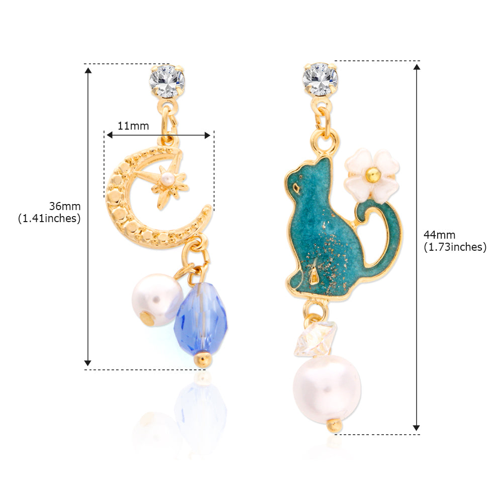 Blue Cat and Crescent Moon Mismatched Earrings