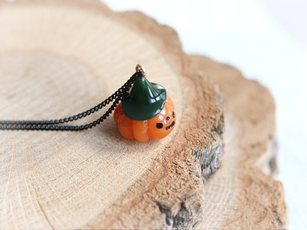 Jack O Lantern Necklace with Black Stainless Steel Chain