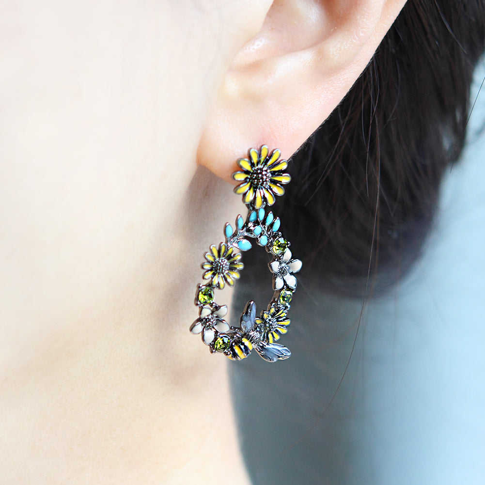 Flower Wreath and Bumble Bee Drop Earrings