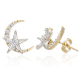 14K Gold Plated Two-Tone CZ Crescent Moon and Star Earrings for Women