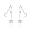 Tiny CZ Stars and Crescent Moon Chain Drop Ball Earrings