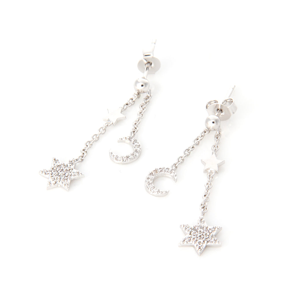 Tiny CZ Stars and Crescent Moon Chain Drop Ball Earrings