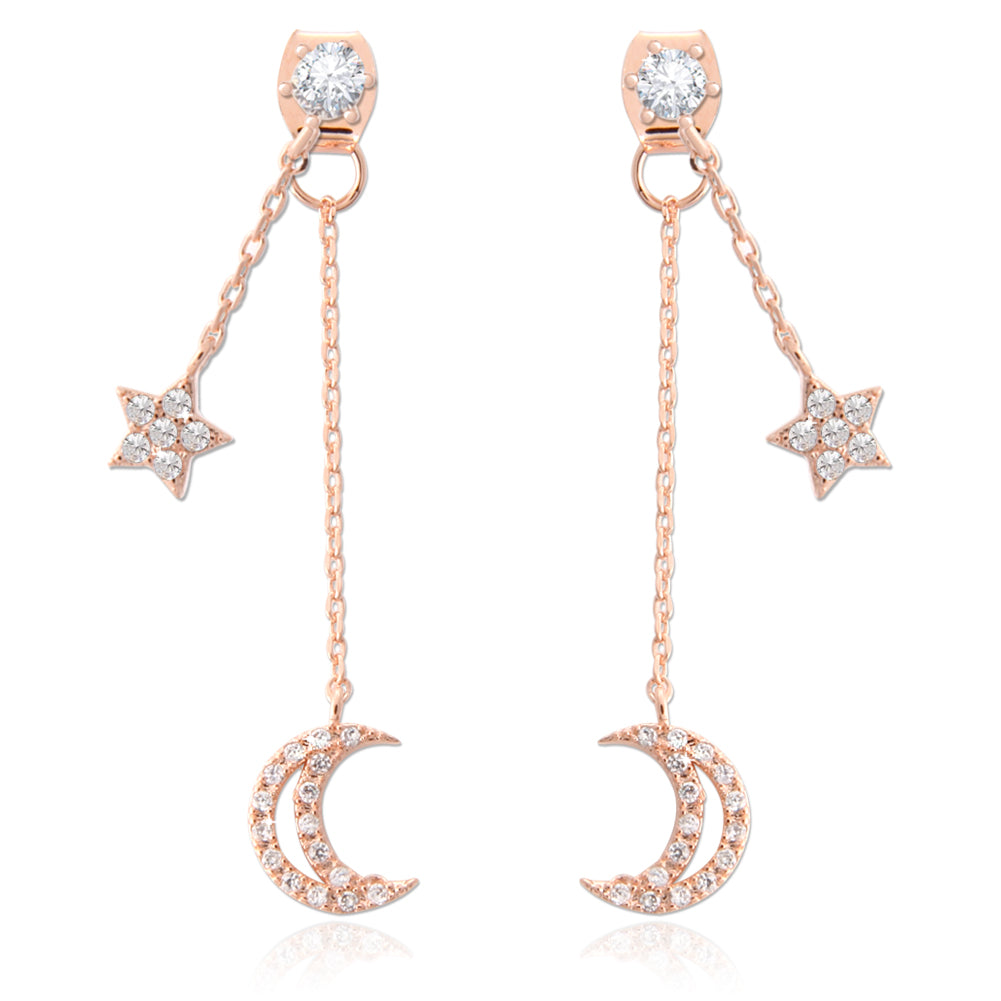 NO.2 Crescent Moon and Star Chain Drop Earrings