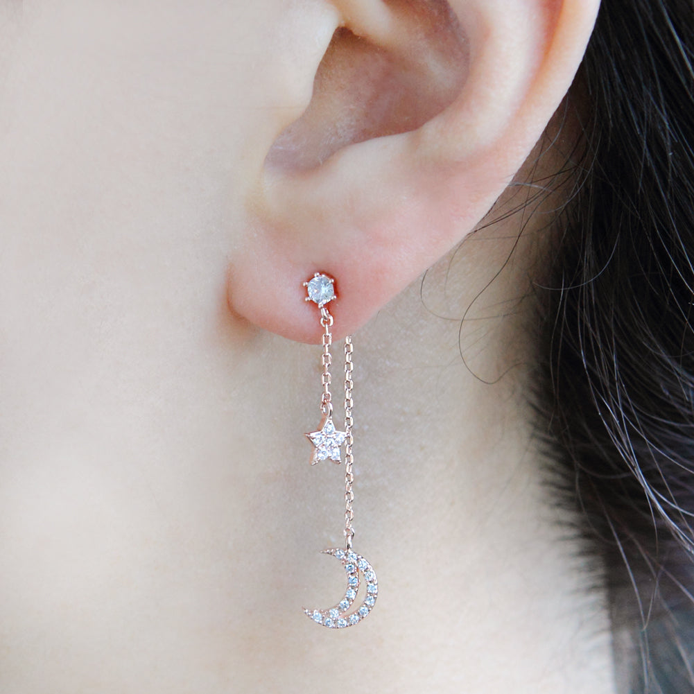 NO.2 Crescent Moon and Star Chain Drop Earrings