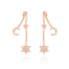 Tiny CZ Stars and Crescent Moon Chain Drop Ball Earrings