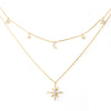 CZ Crescent Moon and Stars Layered Necklace Plated Brass