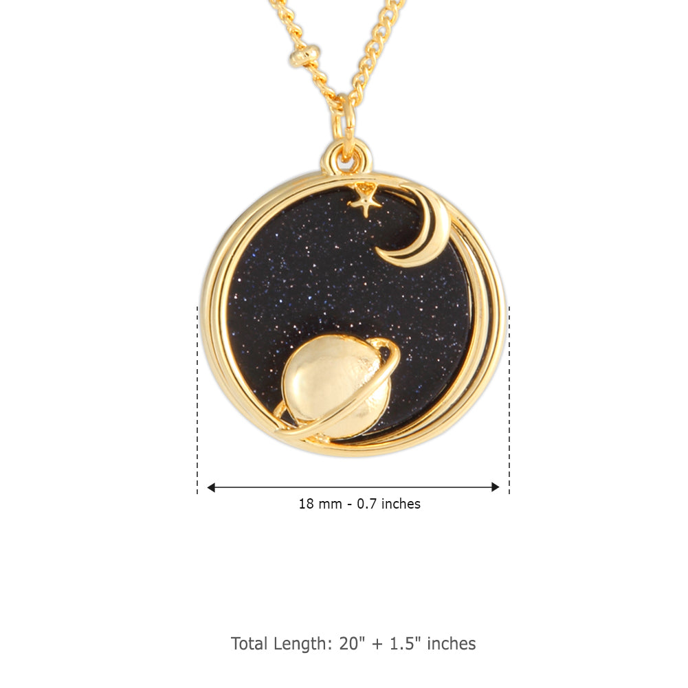 Planet and Crescent Moon_Blue Goldstone Disc Pendant Necklace, 21.5 inches