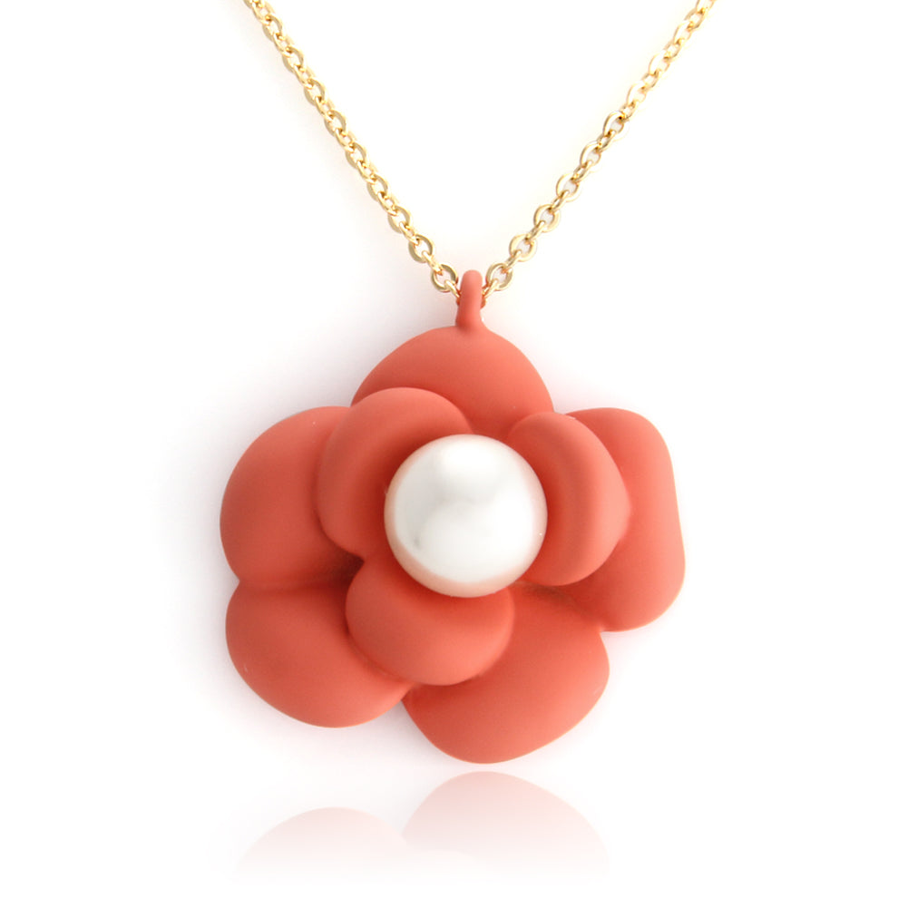 Camelia Flower Simulated Pearl Pendant Necklace