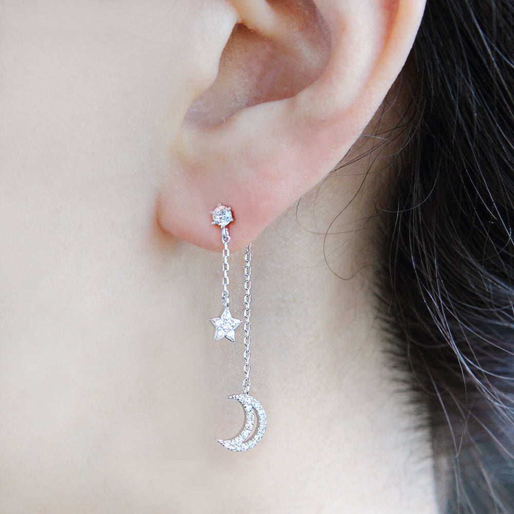 NO.2 Crescent Moon and Star Chain Drop Earrings