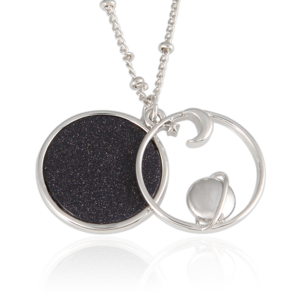 Planet and Crescent Moon_Blue Goldstone Disc Pendant Necklace, 21.5 inches