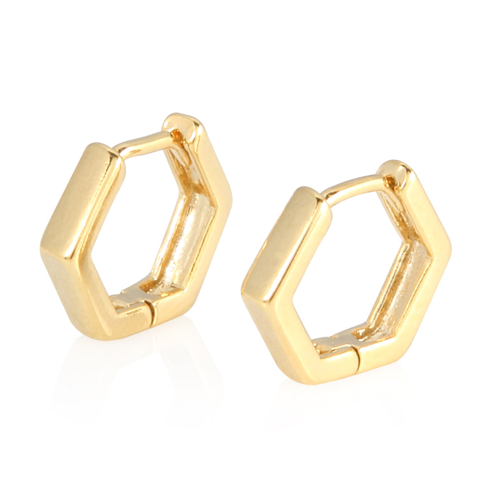 Hexagon Huggie Small Hoop Earrings 14K Gold Plated