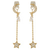 CZ Crescent Moon With Teardrop Crystal and Chain String Star Earrings