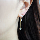 CZ Crescent Moon With Teardrop Crystal and Chain String Star Earrings