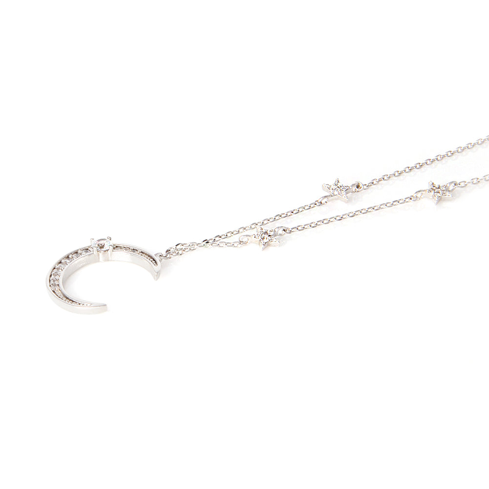 CZ Crescent Moon and Tiny Stars Pendant Long Necklace