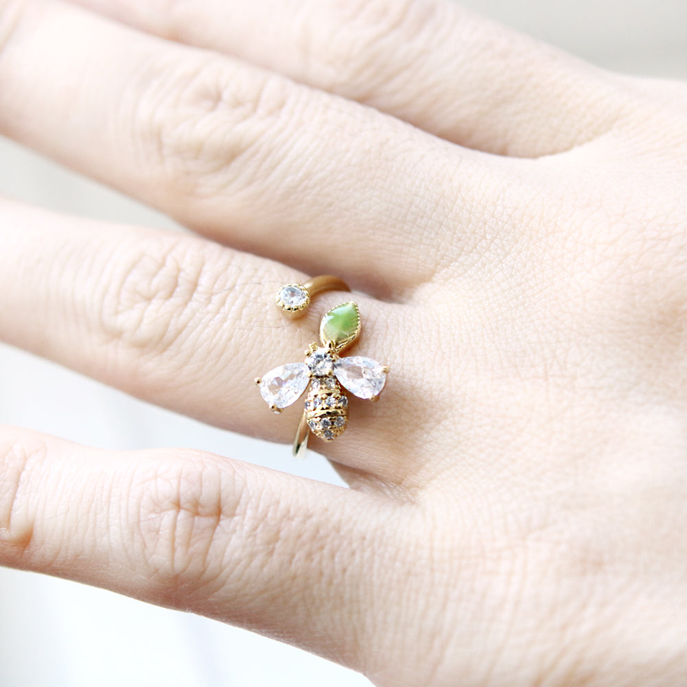 CZ Bee and Leaf Ring