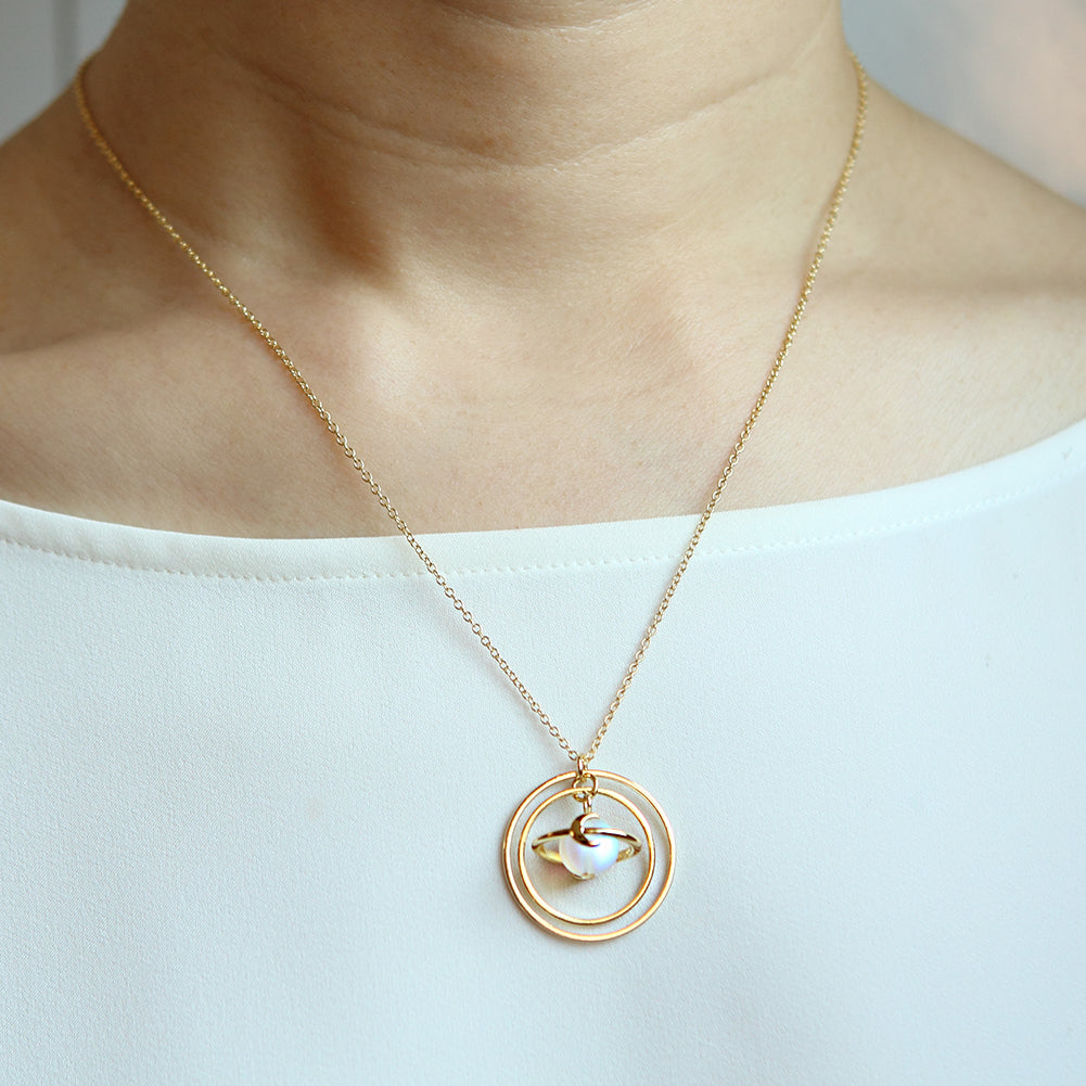 Circle Planet Necklace Moon and Star Saturn, 20"