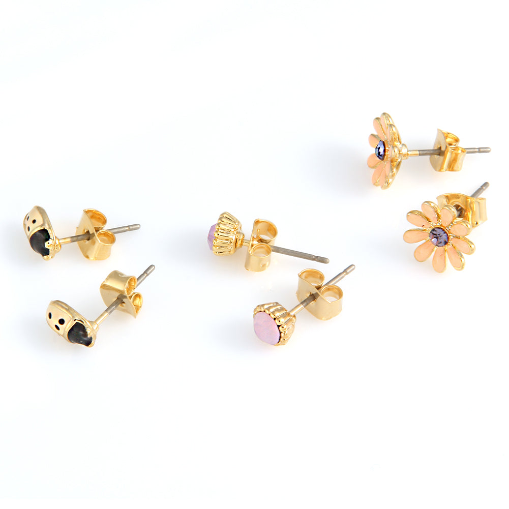 3 set of Ladybug Daisy and Round CZ earrings for Girls