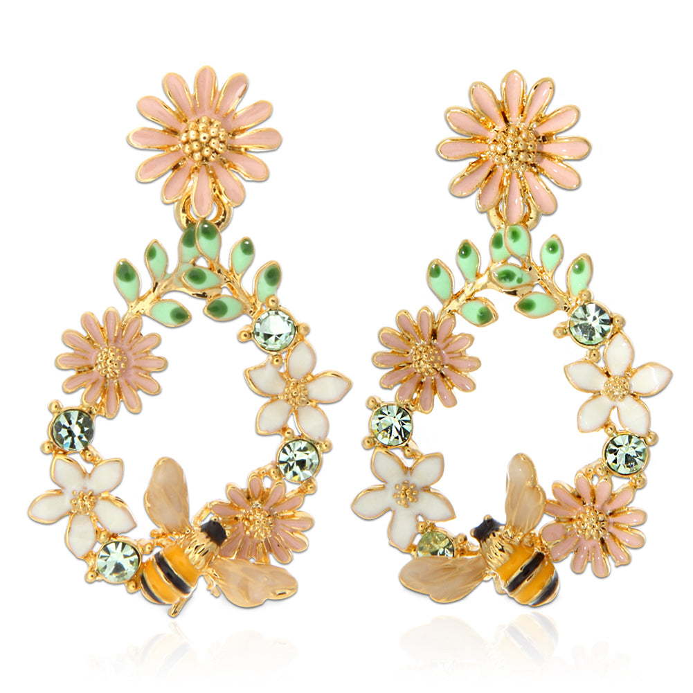 Flower Wreath and Bumble Bee Drop Earrings