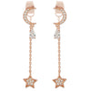 CZ Crescent Moon With Teardrop Crystal and Chain String Star Earrings