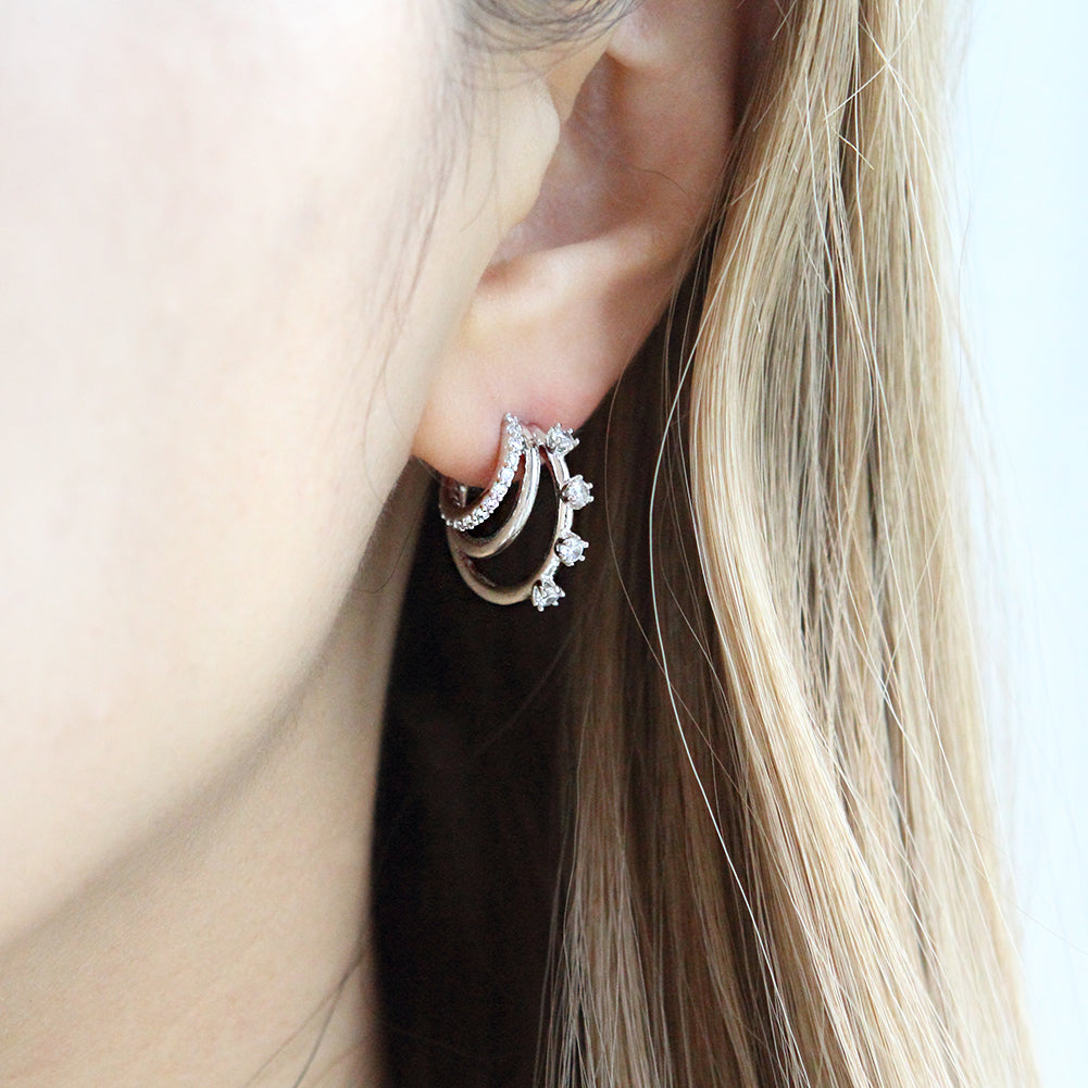 CZ Split Huggie Earrings | Triple Hoop Earrings