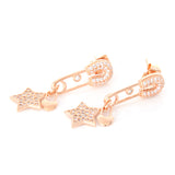 CZ Safety Pin and Star Heart Shape Lock Drop Earrings