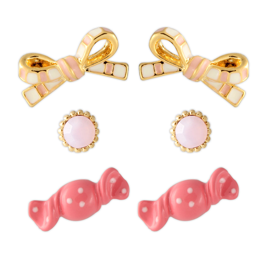 3 set of Candy Bow and Round CZ  earrings for girls