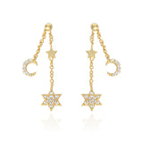 Tiny CZ Stars and Crescent Moon Chain Drop Ball Earrings