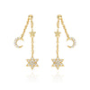 Tiny CZ Stars and Crescent Moon Chain Drop Ball Earrings