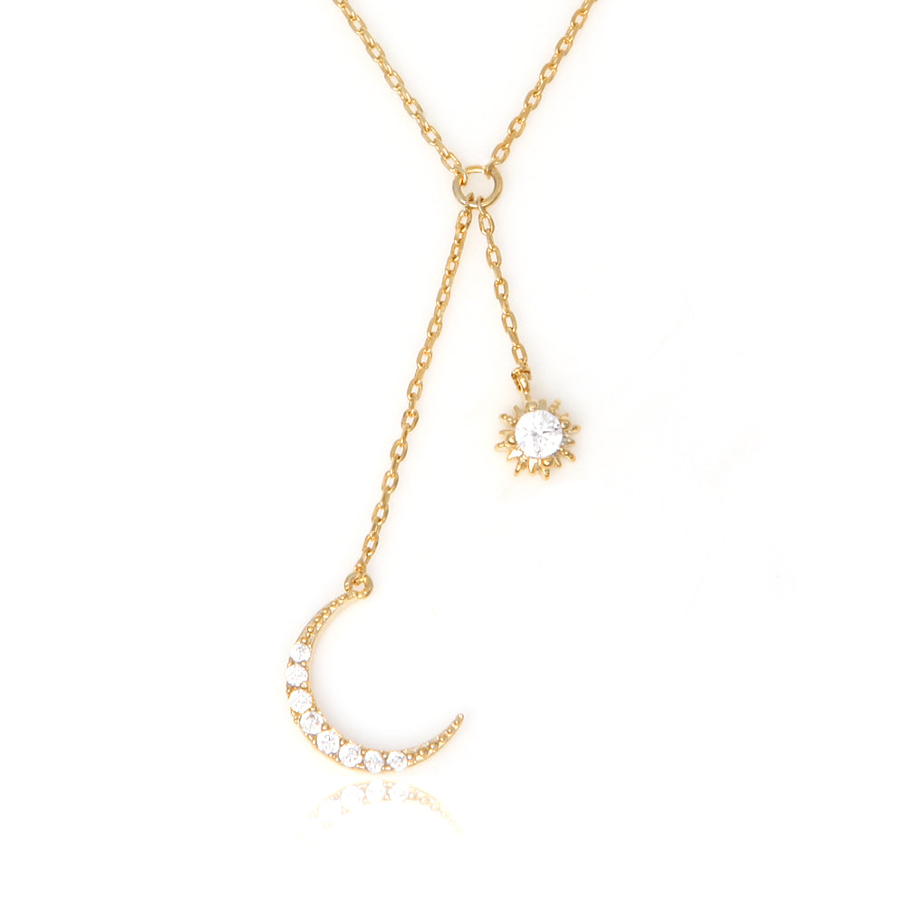 CZ Crescent Moon and Star Drop Necklace