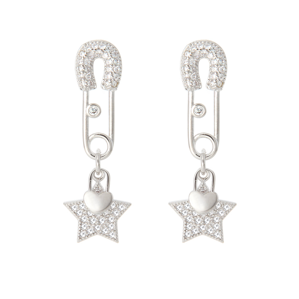 CZ Safety Pin and Star Heart Shape Lock Drop Earrings