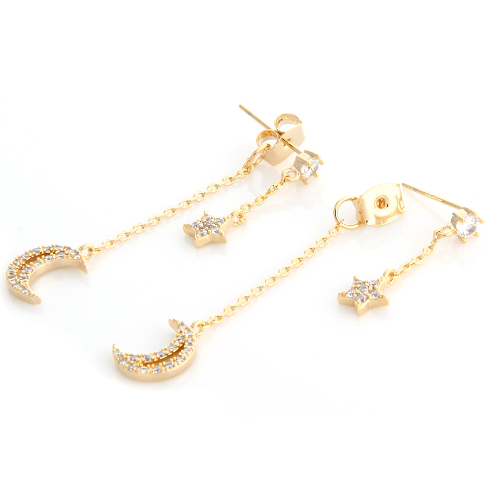 NO.2 Crescent Moon and Star Chain Drop Earrings