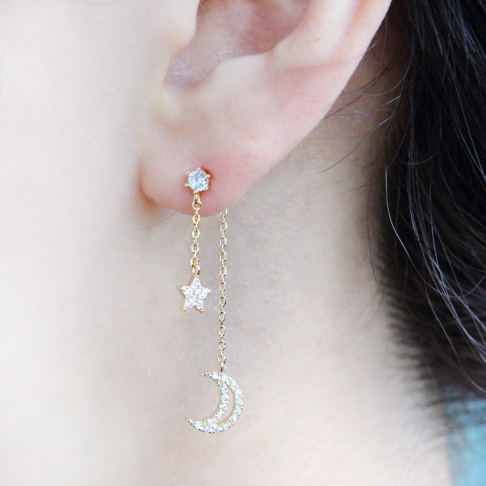 NO.2 Crescent Moon and Star Chain Drop Earrings