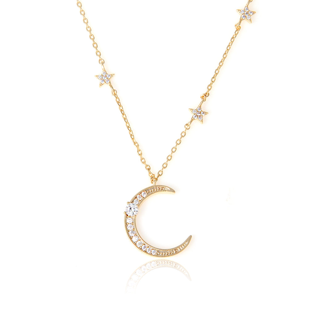 CZ Crescent Moon and Tiny Stars Pendant Long Necklace