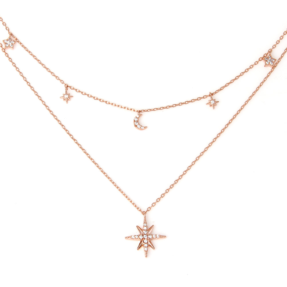 CZ Crescent Moon and Stars Layered Necklace Plated Brass
