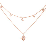 CZ Crescent Moon and Stars Layered Necklace Plated Brass