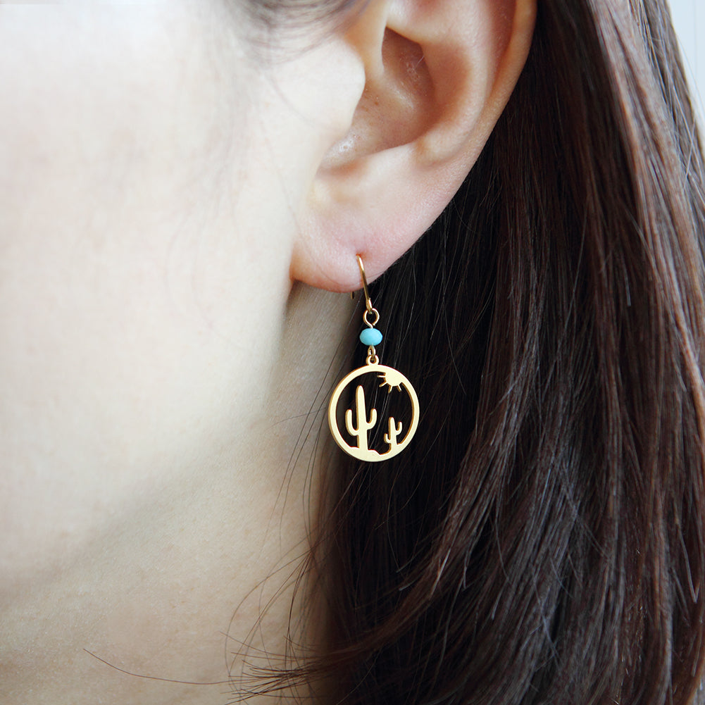 Cut Out Cactus and Sun Disc Drop Earrings
