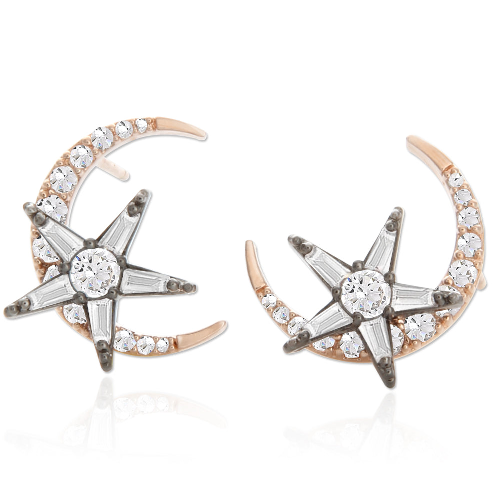 14K Gold Plated Two-Tone CZ Crescent Moon and Star Earrings for Women –  LAONATO