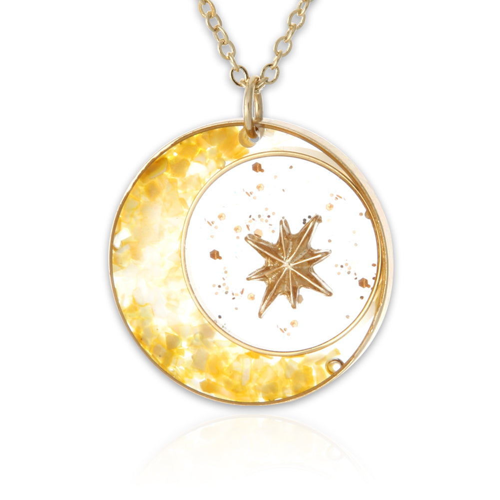 Epoxy Mother of Pearl 14K Gold Plated Crescent Moon and Star