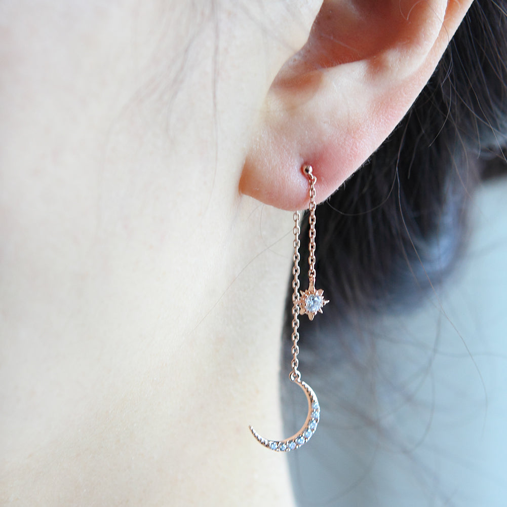 NO.1 Crescent Moon and Star Chain Drop Earrings
