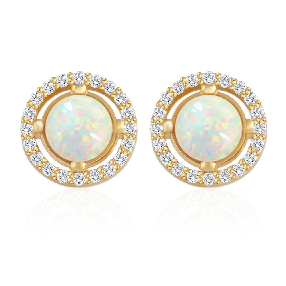 Round Created Opal and CZ Earrings 14K Gold Plated