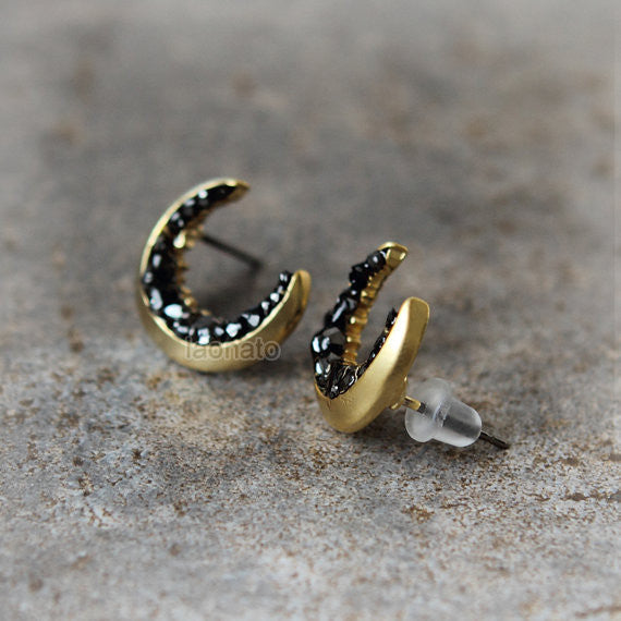 Crescent Moon and Black CZ Earrings / Moon earrings