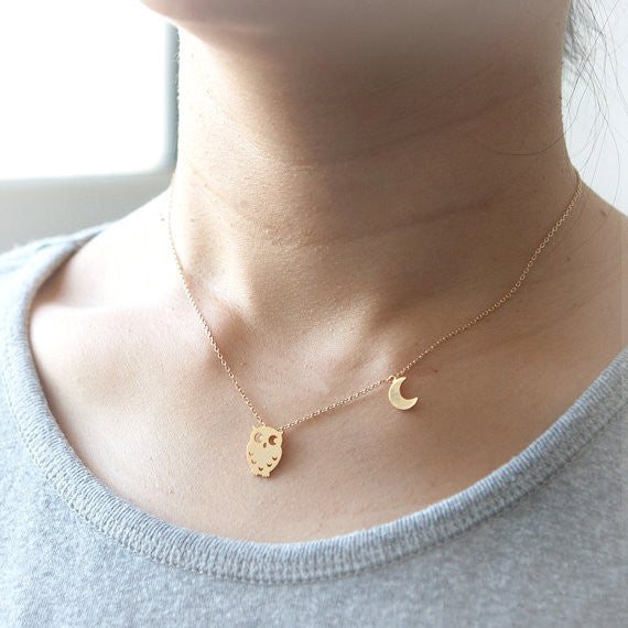 Owl and Moon Necklace in gold